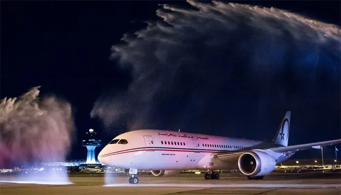 A Royal Air Maroc Boeing 787 Dreamliner taxis under a water cannon salute at Washington Dulles International Airport during an official welcome ceremony for the inaugural flight from Casablanca to Washington, D.C.