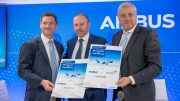Paul Geaney, President and Chief Commercial Officer of Avolon, Andy Cronin, CEO of Avolon, and Christian Scherer, Chief Commercial Officer and Head of International at Airbus, photographed at the A330neo aircraft announcement at 2023 Paris Air Show in June