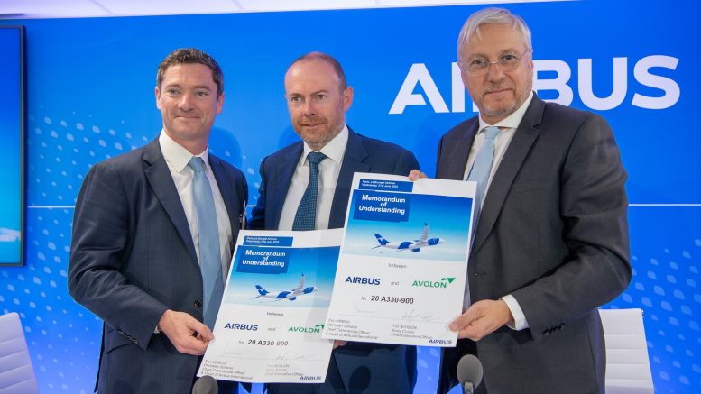 Paul Geaney, President and Chief Commercial Officer of Avolon, Andy Cronin, CEO of Avolon, and Christian Scherer, Chief Commercial Officer and Head of International at Airbus, photographed at the A330neo aircraft announcement at 2023 Paris Air Show in June