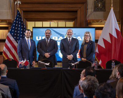 Pictured from left to right are Gulf Air Group Chairman Khalid Taqi; Bahrain Minister of Finance and National Economy Shaikh Salman bin Khalifa Al Khalifa; U.S. Commerce Secretary Howard Lutnick; and Boeing Commercial Airplanes CEO Stephanie Pope. (Photo: Robert Hyatt) Pictured from left to right are Gulf Air Group Chairman Khalid Taqi; Bahrain Minister of Finance and National Economy Shaikh Salman bin Khalifa Al Khalifa; U.S. Commerce Secretary Howard Lutnick; and Boeing Commercial Airplanes CEO Stephanie Pope. (Photo: Robert Hyatt)